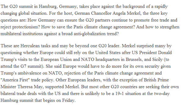 【老外谈】汉堡G20峰会雄心勃勃，但挑战重重