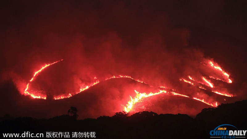 香港一山林突发大火 烧红整座山浓烟随风飘向深圳