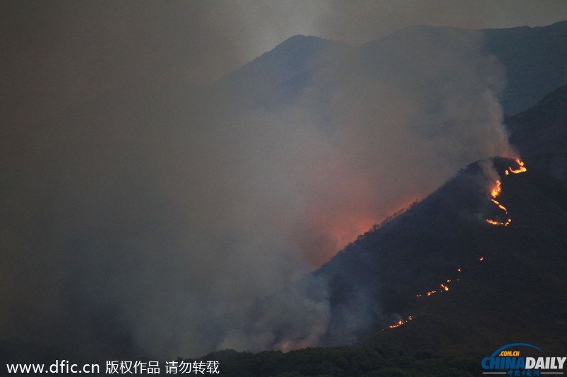 香港一山林突发大火 烧红整座山浓烟随风飘向深圳