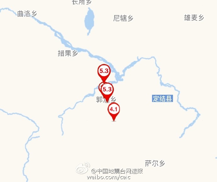 西藏日喀则市连发三次地震 最大两次5.3级