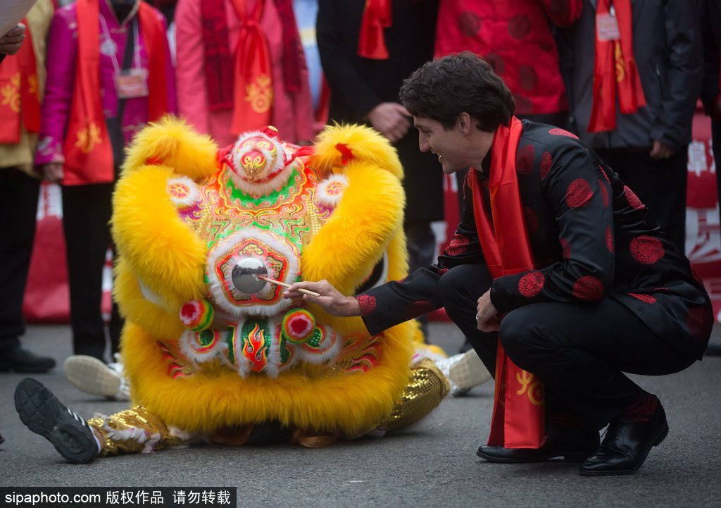 加拿大总理特鲁多身着唐装参加春节游行 抚摸舞狮头激萌十足