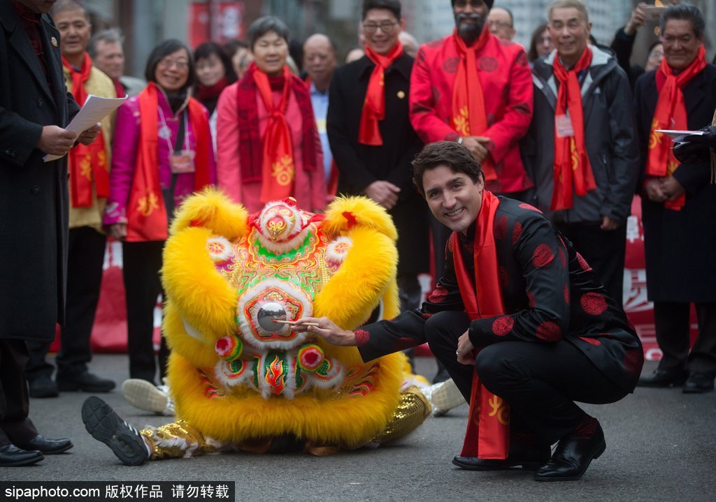 加拿大总理特鲁多身着唐装参加春节游行 抚摸舞狮头激萌十足