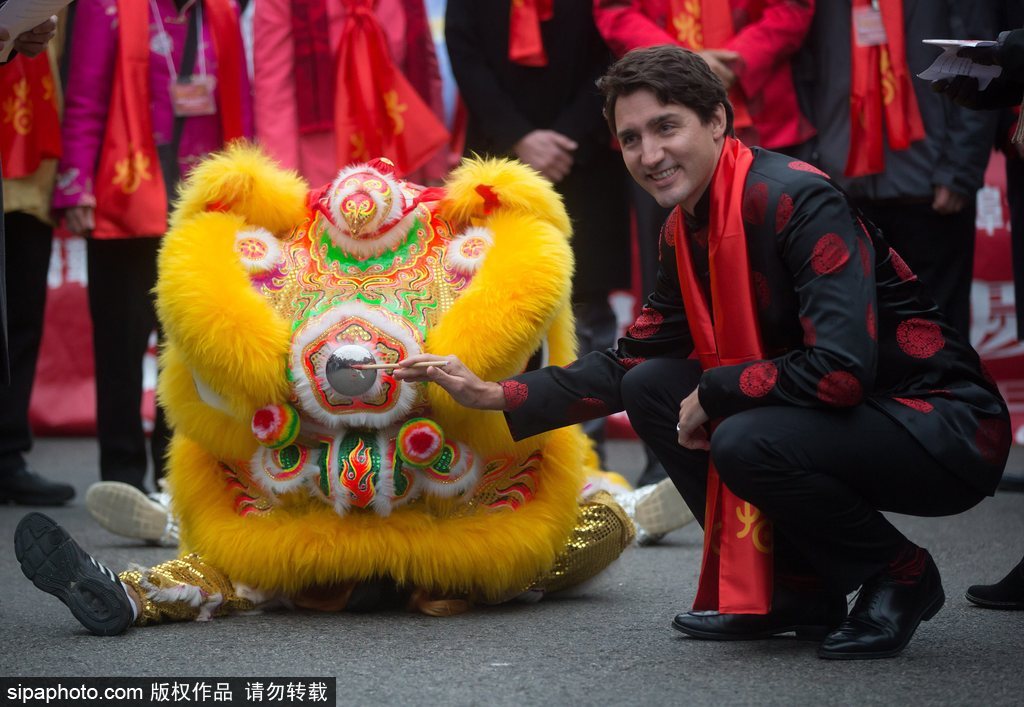 加拿大总理特鲁多身着唐装参加春节游行 抚摸舞狮头激萌十足