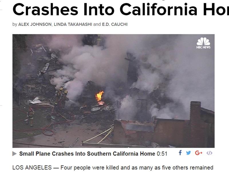 美国飞机坠入民宅致4死 飞行员废墟中爬出