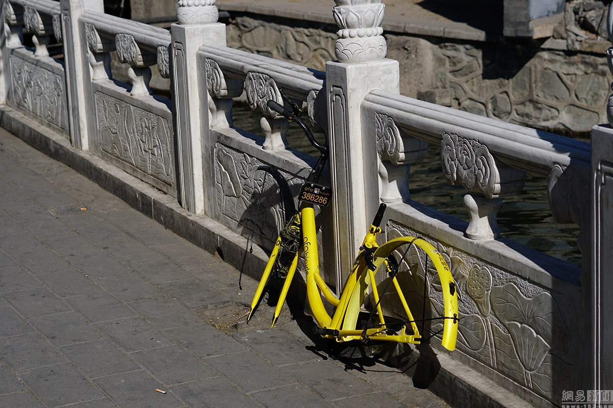 北京什刹海一共享单车被毁 只剩“骨架”