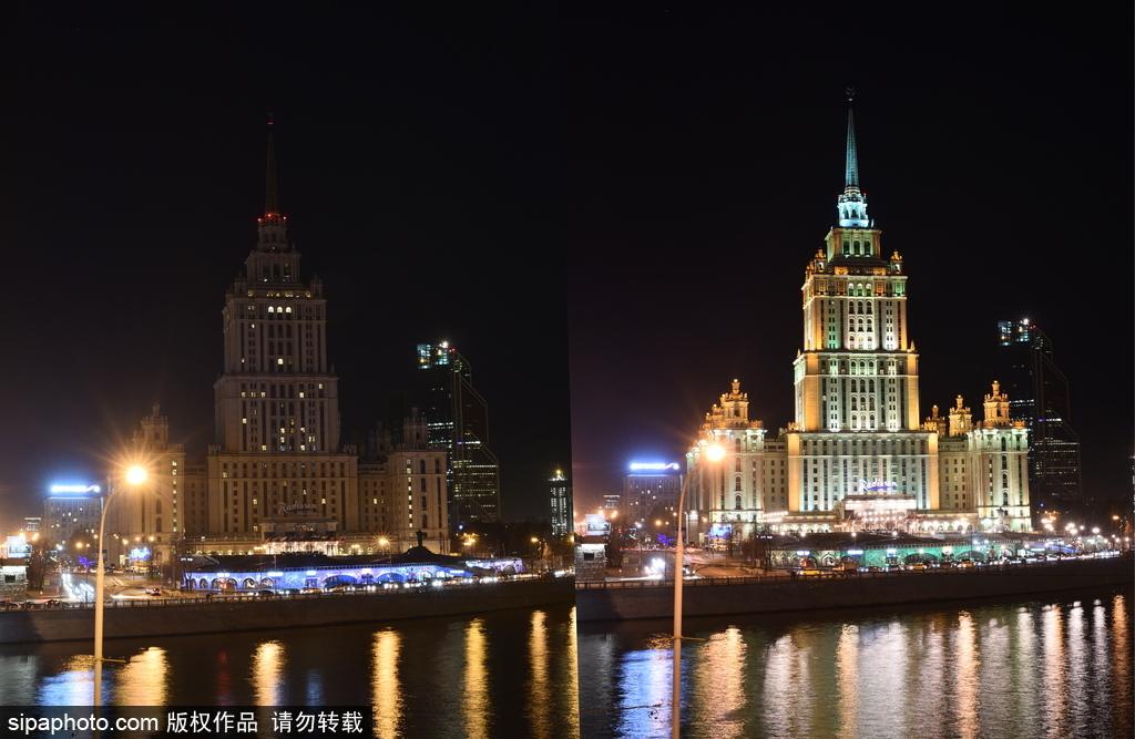 “地球一小时”莫斯科站 著名景点熄灯前后对比图