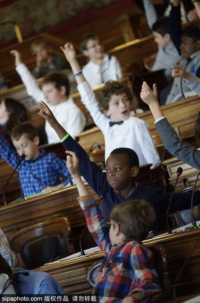 巴黎举行萌娃理事会讨论教务 小小“议员”举手参与严肃呆萌