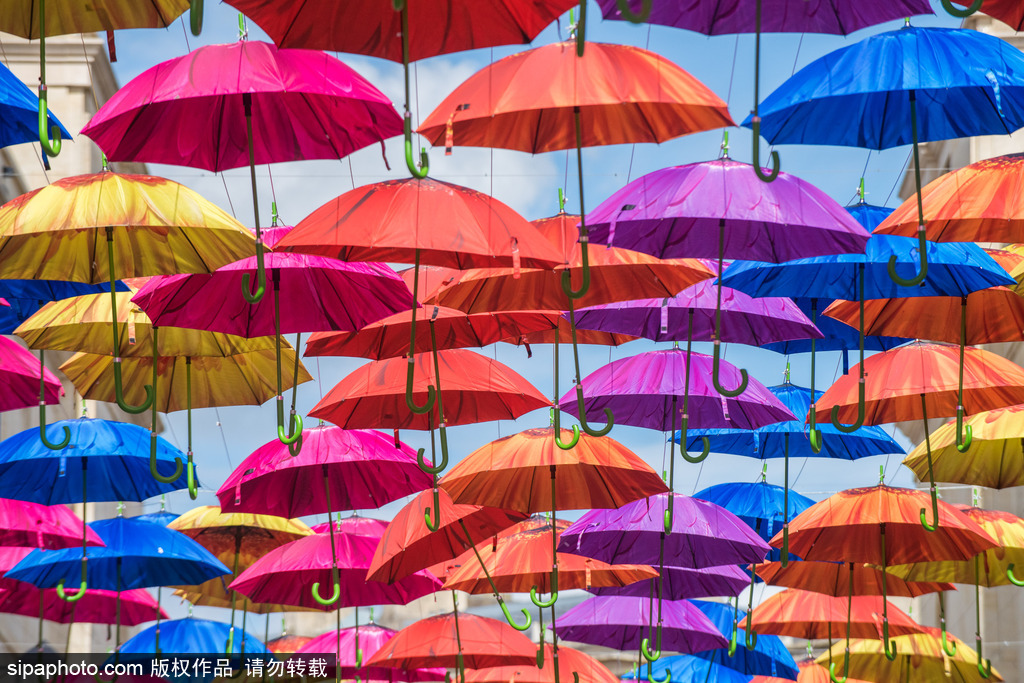 英国巴思街道悬挂多彩雨伞 色彩明亮装点城市