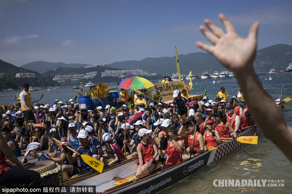 香港端午节赛龙舟活动 鸡年流行头戴“小鸡”