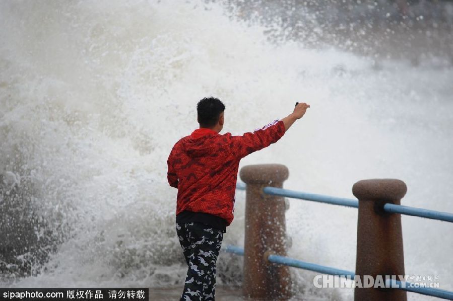 青岛大潮掀10余米高巨浪 游客冒险拍照