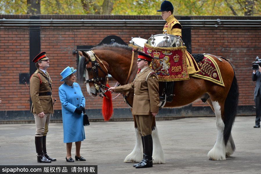 英国女王伊丽莎白二世到访骑兵队 身着天蓝色风衣面露微笑