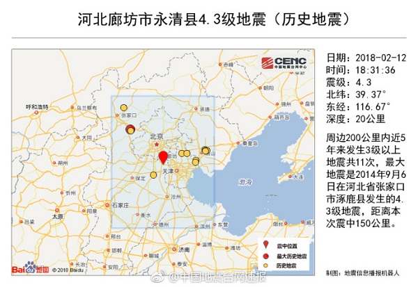 河北省廊坊市永清县发生4.3级地震 震源深度20公里