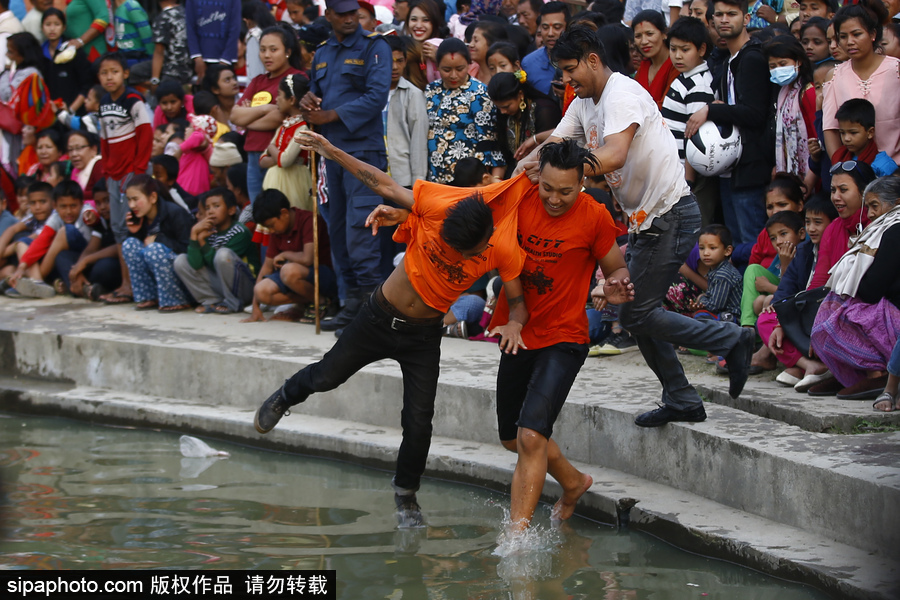尼泊尔信徒水中嬉戏庆祝节日 寻找女神丢失的饰品