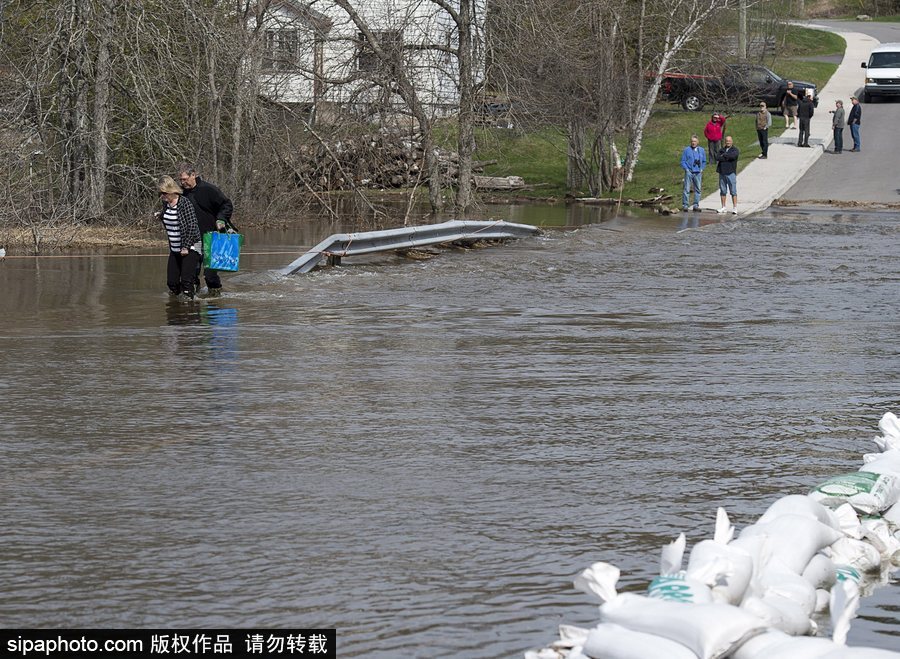 加拿大街道洪水泛滥 民众被迫淌水出行