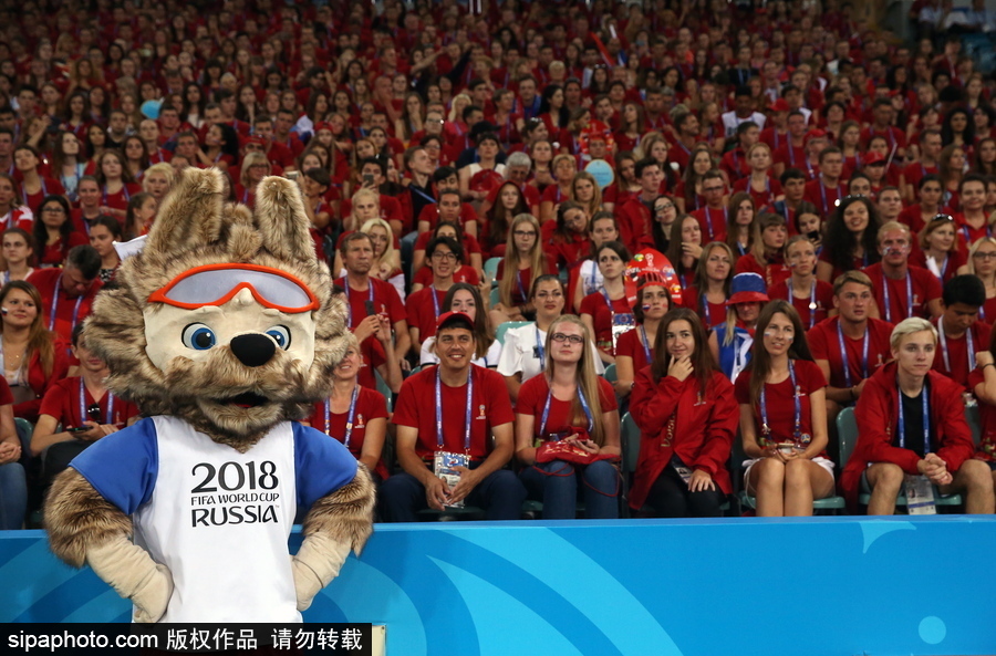 世界杯现场连起一片“红海” 俄罗斯和克罗地亚举行感谢志愿者仪式