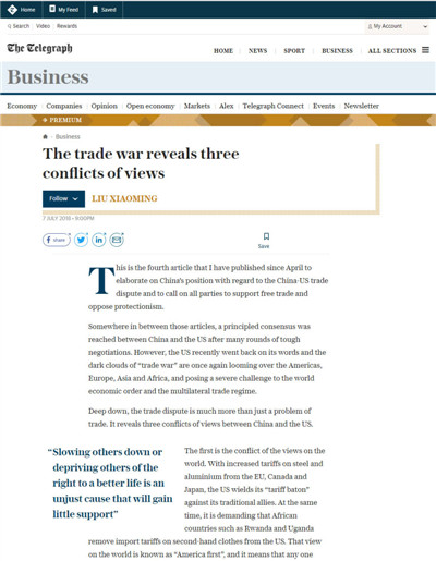 驻英国大使刘晓明在英国《星期日电讯报》发表署名文章：《贸易战反映出中美“三观之争”》